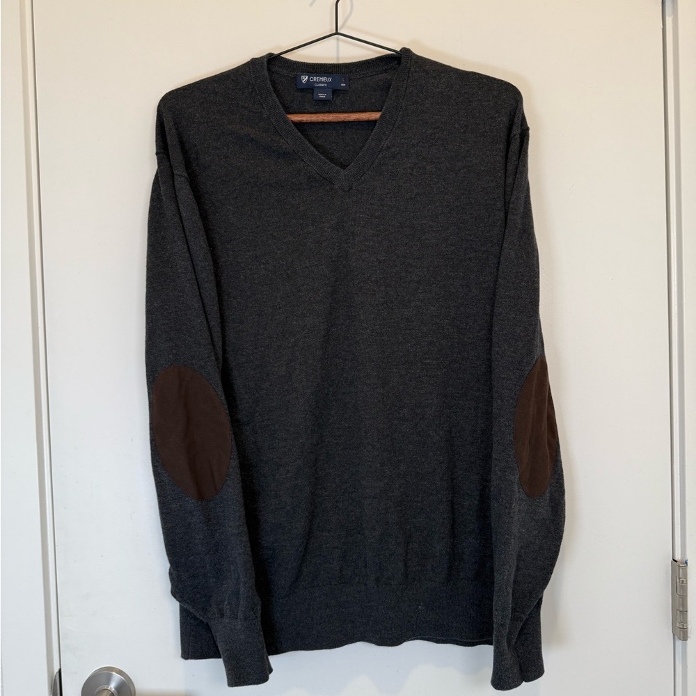 Cremieux Dark Gray V-Neck Sweater with Brown Elbow Patches